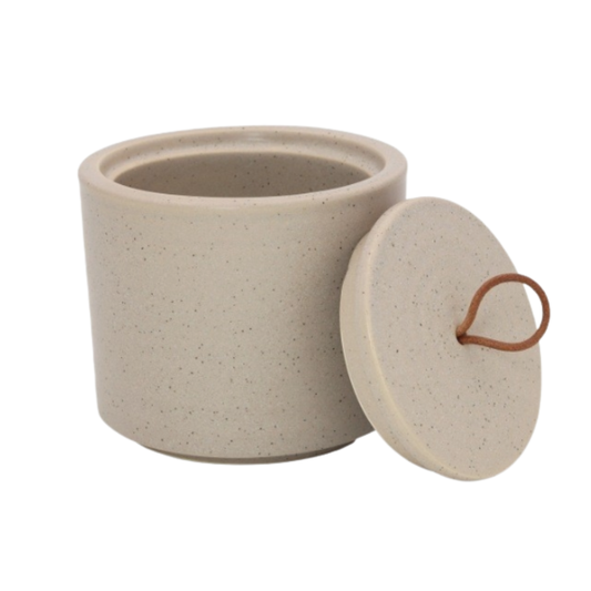 Keramieke voorraadpot Leeff Silke L taupe met lusje - stijlvolle keukenaccessoires Bij Suus