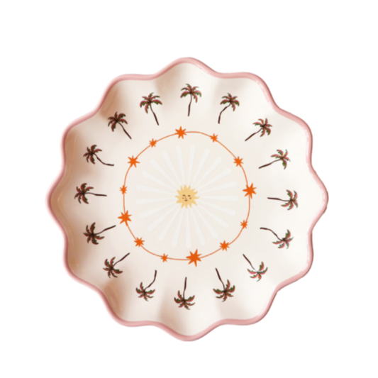 Keramisch bordje 15 cm met vrolijke zon en palmbomen, perfect voor hapjes of als zomers decoratief accent