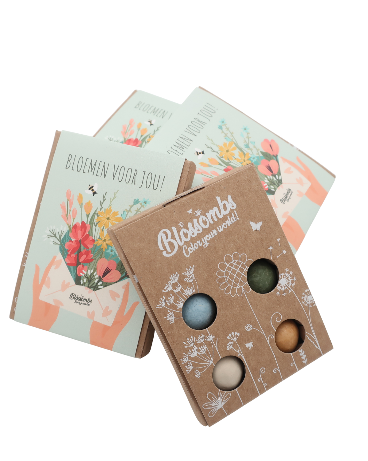 Vier biologische wilde-bloemen zaadbommetjes in een compacte, handgemaakte gift box, ideaal als klein attent cadeau om iemand letterlijk te laten bloeien van blijdschap.