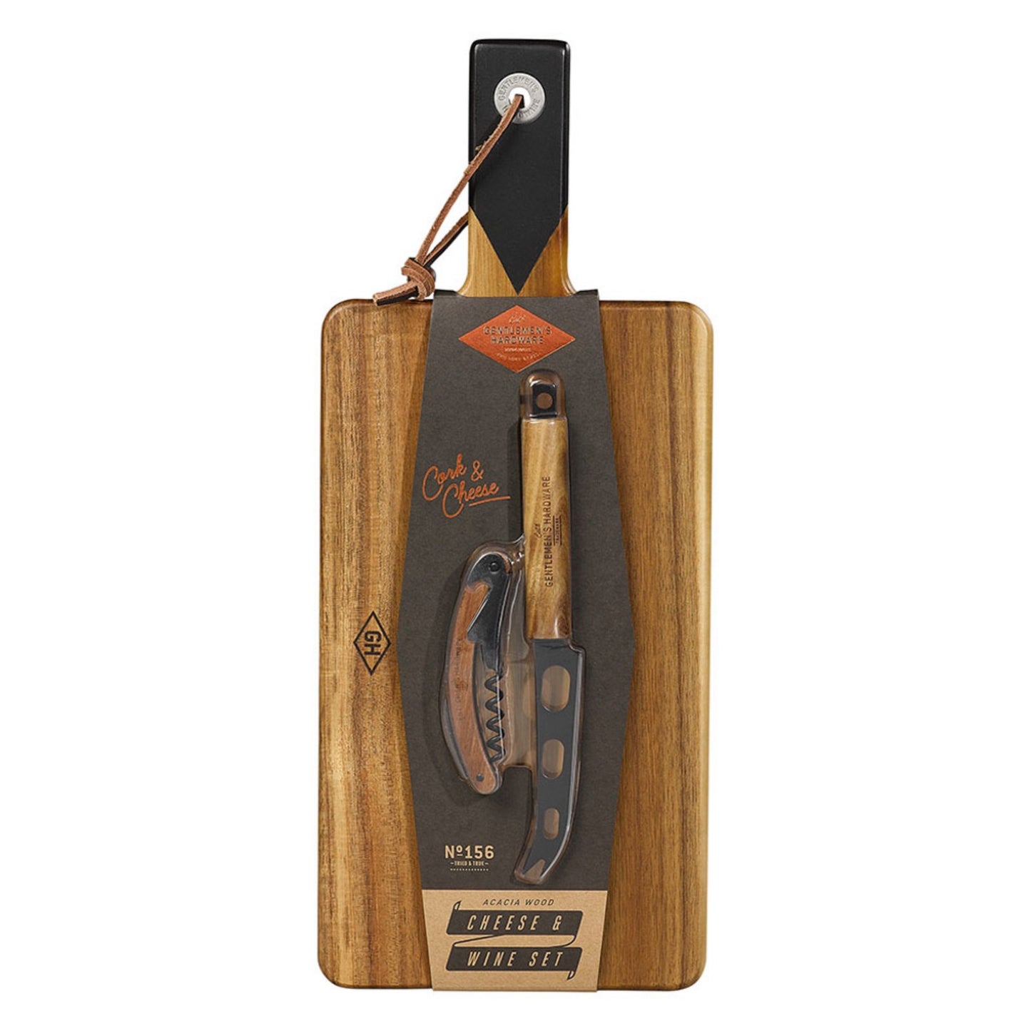 Complete borrelset met duurzame plank, roestvrijstalen kaasmes en flesopener, perfect voor kaas- en wijnliefhebbers.