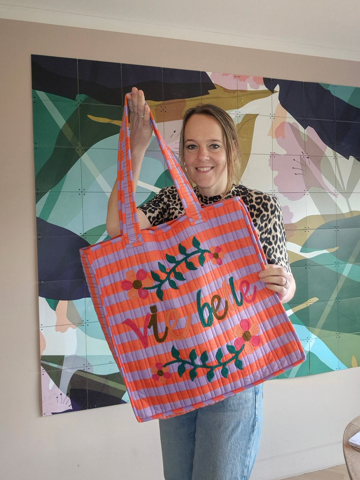 Imbarro shopper tas met tekst Vie Belle | kleurrijke woonaccessoire en cadeau
