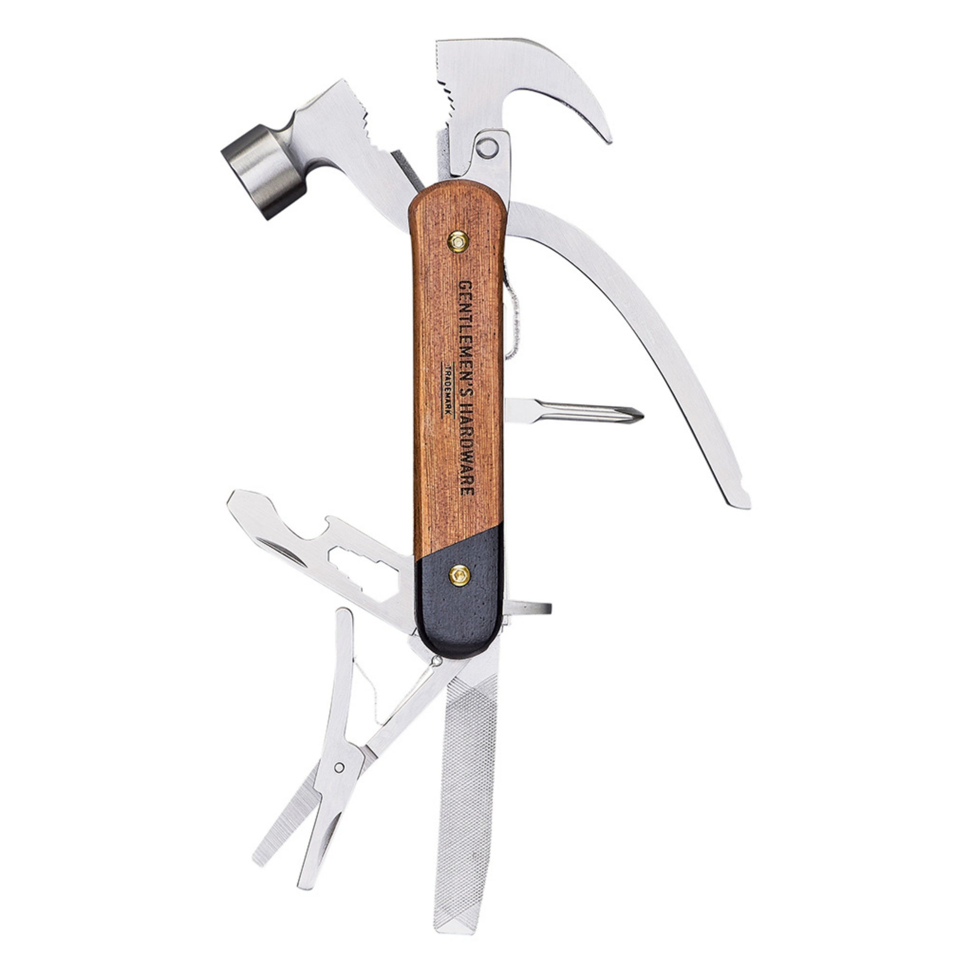 Multifunctionele tool met houten handgreep en roestvrijstalen afwerking, compact en ideaal voor klussen of outdoor gebruik.