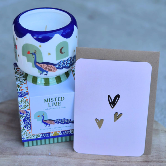 Paddywax kaars in handbeschilderd peacock potje met lieve kaart van Kaartjes van Maaike