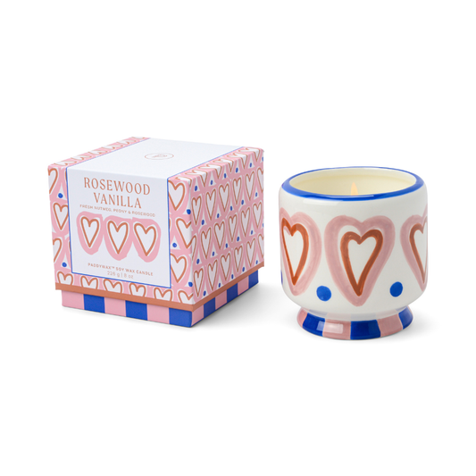 Paddywax A Dopo Hearts keramische geurkaars met handbeschilderde hartjes kleurrijk woonaccessoire en cadeau