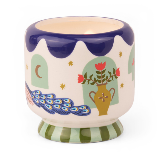 Paddywax A Dopo Peacock keramische geurkaars met handbeschilderde details - kleurrijk woonaccessoire en cadeau