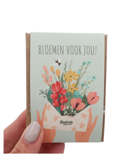Handgemaakte Blossombs gift box met vier biologische zaadbommetjes, perfect als duurzaam en vrolijk cadeau om iemand te verrassen met een bloeiende bloemenmix.