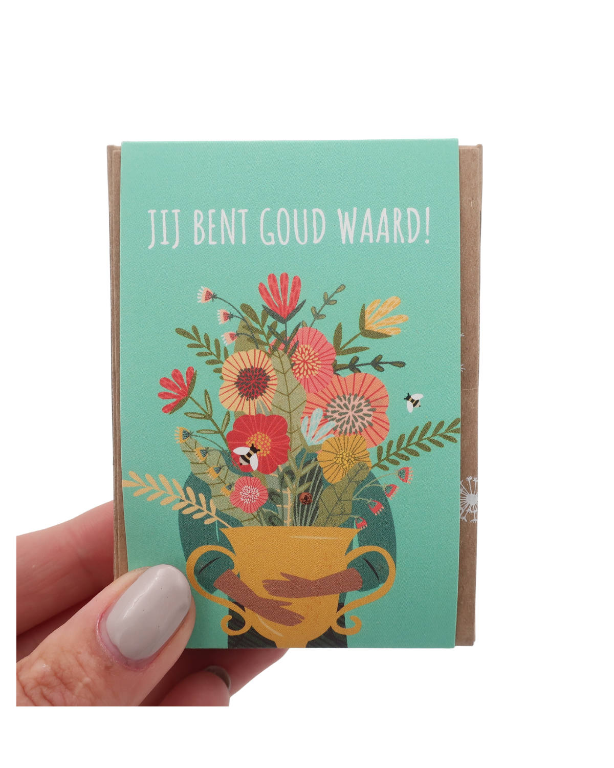 Handgemaakte Blossombs gift box met vier biologische zaadbommetjes, perfect als duurzaam en betekenisvol cadeau om iemand te laten weten dat hij of zij goud waard is.