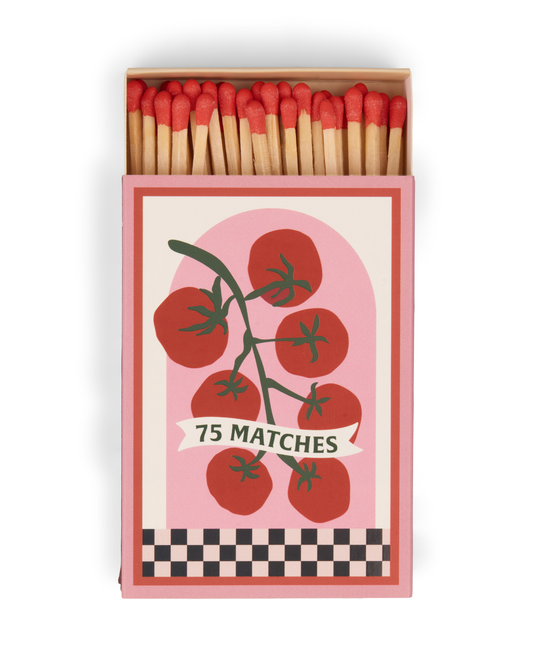 A Dopo Boxed Matches Tomato Vine set van 75 veiligheidslucifers met zomerse handillustratie