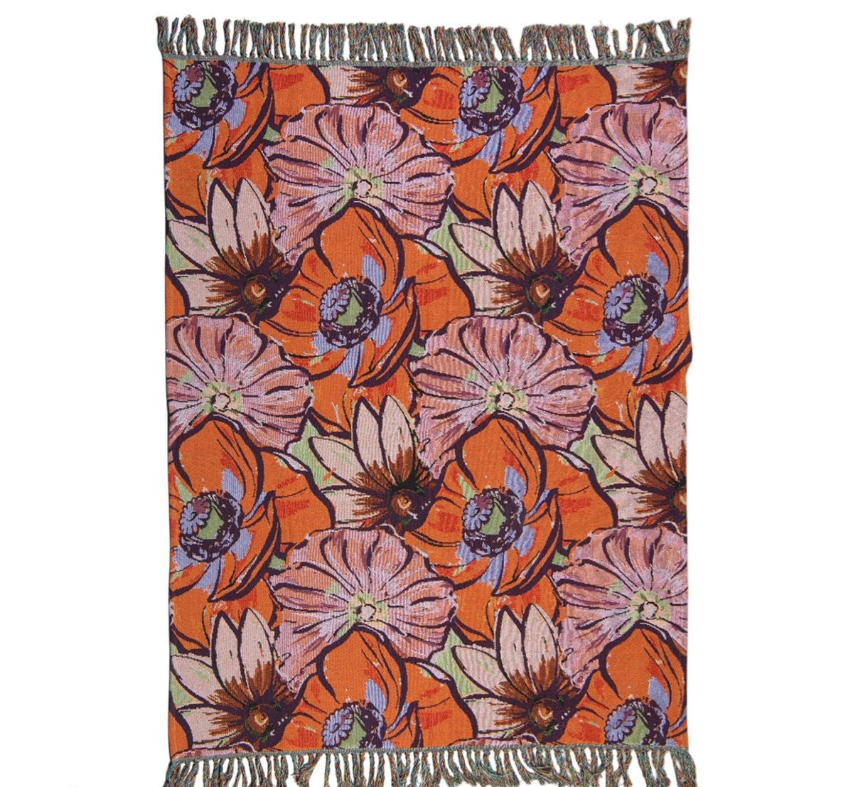 Handgemaakt jacquard plaid Peony van Imbarro in geel en oranje tinten met kleurrijk bloemenpatroon.